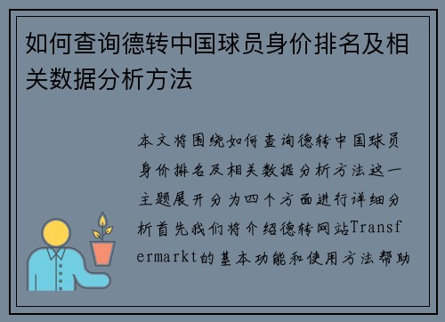 如何查询德转中国球员身价排名及相关数据分析方法