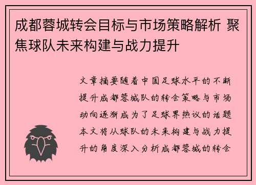 成都蓉城转会目标与市场策略解析 聚焦球队未来构建与战力提升